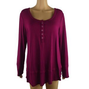 Josie Natori Long Sleeve Cozy Popover Scoop Wide Neck Pajama Shirt Top Magenta L